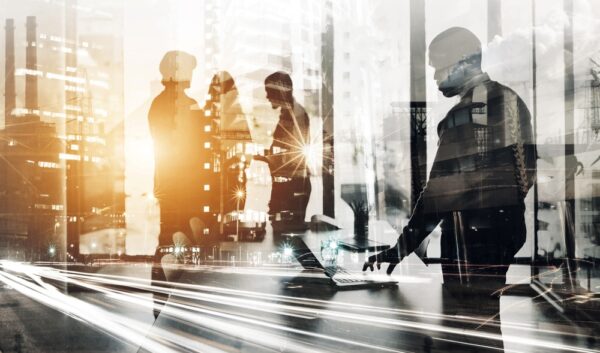 Silhouette,,City,And,Double,Exposure,With,Business,People,In,Office